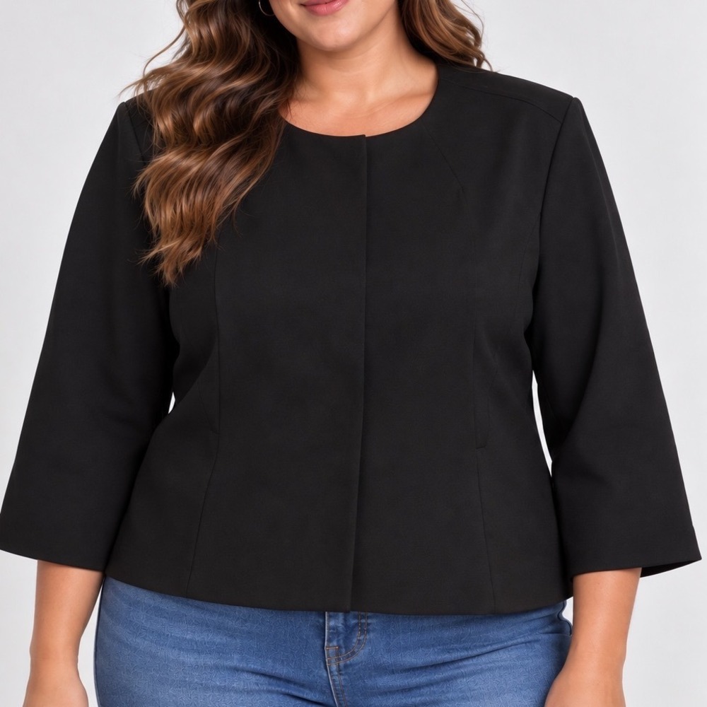 Vintage Talbots Plus Size 16W Black Collarless Blazer Snap Front Minimalist 90s